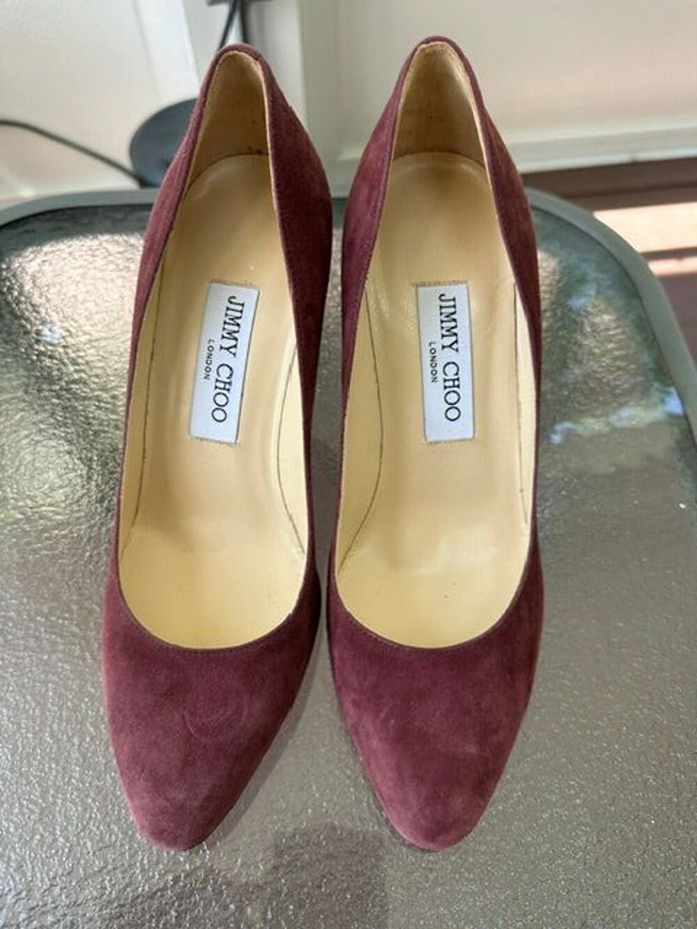 Jimmy Choo Romy 85 Burgundy Suede Stiletto Pumps Size 37.5 / 7-7.5 EUC